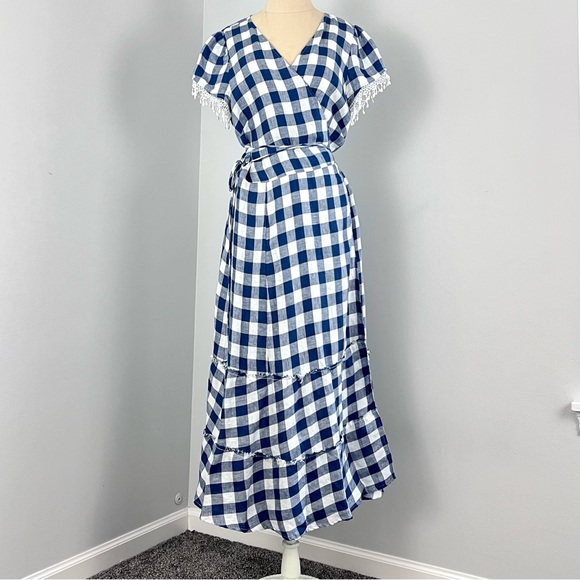 Reformation Calista Gingham Plaid Blue Wrap Maxi Dress - Picture 2 of 5